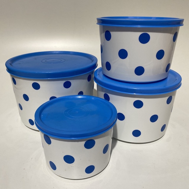 STORAGE CONTAINER, Blue & White Polka Dot Tupperware Set